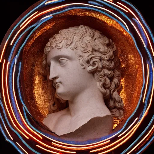 Image similar to a renaissance statue head surrounded by a neon ring