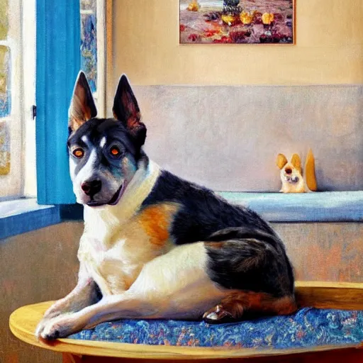 Prompt: 3 d australian blue heeler, lounging in a breakfast room on an 8 0 s carpet, sun rays, bokeh, vogue cover, oil painting, detailed brush strokes, impressionism, art by tooth wu and wlop