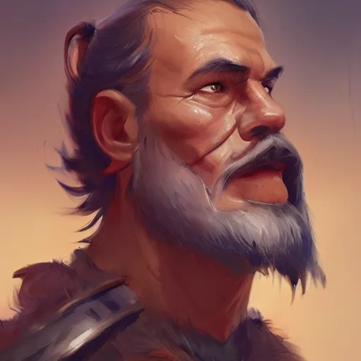 Image similar to portrait old barbarian warrior with trucker mustache and short hair, 8 k, trending on art station, by tooth wu and greg rutkowski