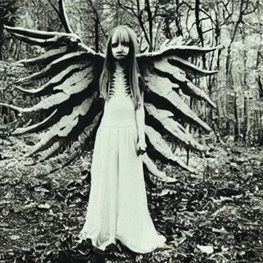 Prompt: “a girl and pale horse with skeleton angel wings standing in the middle of a dark forest in the middle of the night with the ground littered with filth and garbage and trash. 35mm film. Cursed image. Found photo.”