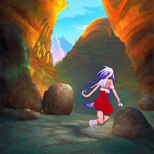 Prompt: “Indians jones as an anime girl running away from a rolling giant stone boulder trap inside an ancient stone temple, stunning digital art”