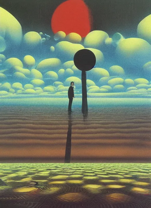 Prompt: Jean-michel jarre wading through a landscape of modular analog synthesizers c1970, surrealist psychedelic painting in the style of Oxygene, Magritte, Roger Dean, Yoshio Awazu