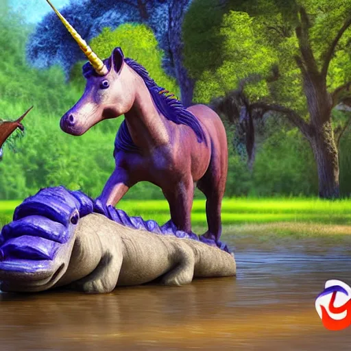 Prompt: a digital painting of a unicorn writing an alligator like a man rides a horse, studio cgi, unreal engine 5