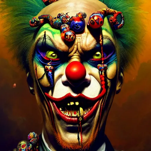 Prompt: uhd photorealisitc authentic psychotic madman wearing ornate clown costume and intricate voodoo makeup, intricate details, vivid colors, frightening surroundings, correct details, in the style of amano, karol bak, akira toriyama, and greg rutkowski