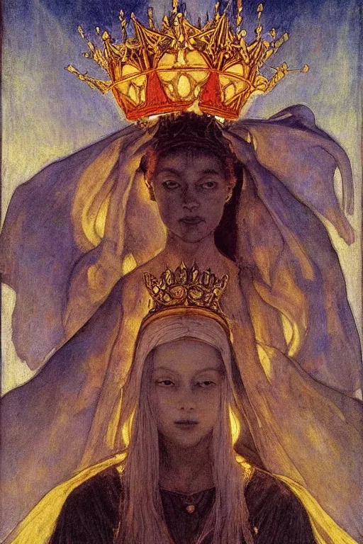 Prompt: child of darkness with her crown and lantern, by Annie Swynnerton and Nicholas Roerich and jean delville, dramatic cinematic lighting , ornate headdress , flowing robes, sacred artifacts, lost civilizations, smooth, sharp focus, extremely detailed