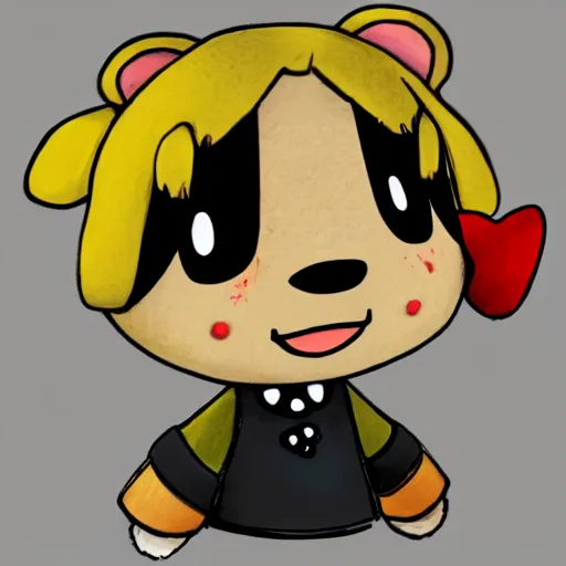 Image similar to a digital drawing of Isabelle from Animal Crossing in a style of emo/scene drawing, low quality, trending on artstation