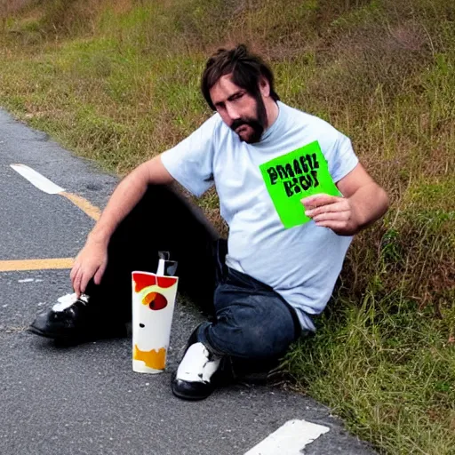 Prompt: unemployed graphic designer begging for change on the side of the road