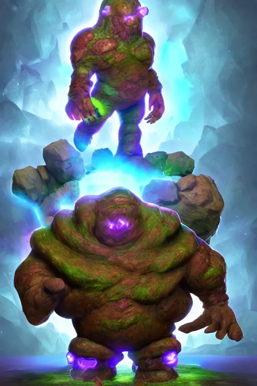 Image similar to arcane fantasy art giant golem elemental wood rock bastion forged gemstone enchanted forest troll, global illumination ray tracing hdr fanart arstation by sung choi and eric pfeiffer and gabriel garza and casper konefal lisa frank zbrush central hardmesh radiating a glowing aura