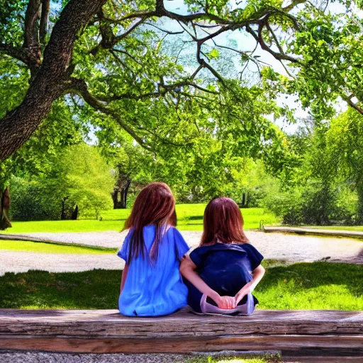 Image similar to Two sisters aged 8 to 9 sitting on the bank, relaxing on a sunny day vintage picture, hyper-realistic, clear day, 8k resolution, maximum detail