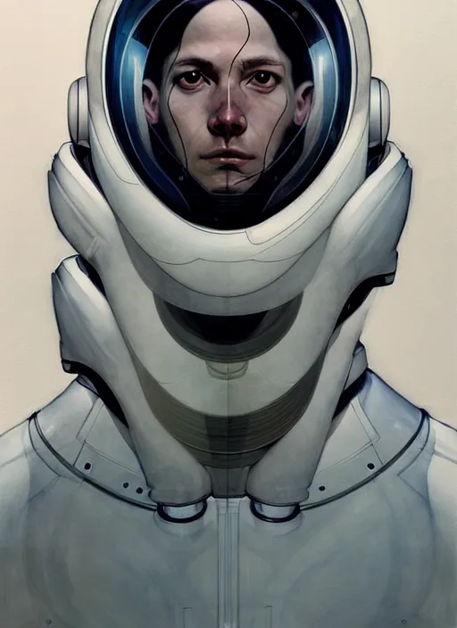 Image similar to artwork by james jean and Phil noto; a close up on the face of a beautiful man in a future space suit; wearing futuristic astronaut helmet; highly detailed; pretty eyes; circular black pupils; artwork by james jean and Phil noto