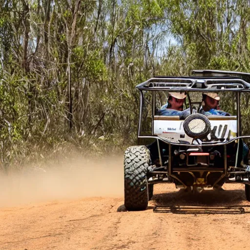 Image similar to nn off road buggy drives towards the viewer along a forest dirt track. the vegetation is sparse scrub. the driver is male and smiling. the buggy has an open frame build with mounted search lights. the sky is cloudy and dust is being thrown up by the buggy's wheels