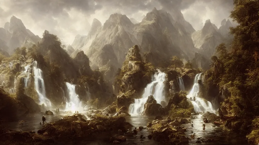 Image similar to a kingdom near the great alpine waterfall. andreas achenbach, artgerm, mikko lagerstedt, zack snyder, tokujin yoshioka