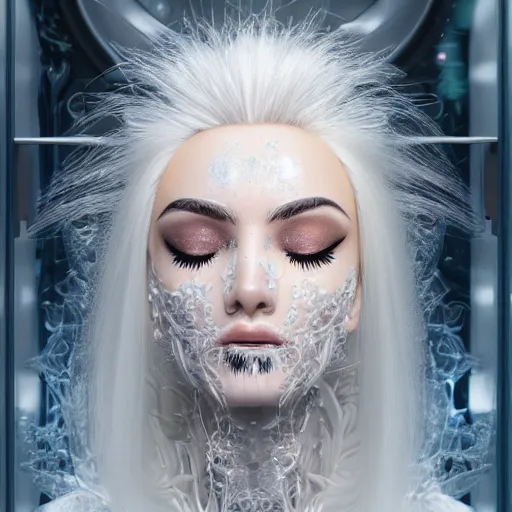 Prompt: female with blonde eye lashes and brows, inside glass sarcophagus, frost roses on glass, complex hyperdetailed technical suit. white hair flowing, cryo sleep, pale blue tint, sci - fi, futuristic, ultra realistic, wide angle.