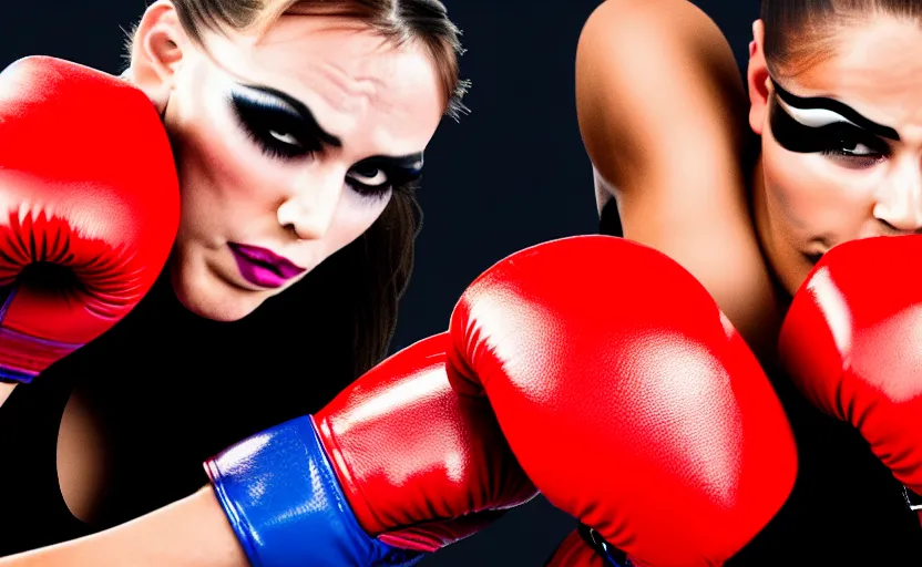 Image similar to girl boxing with drag queen, no blur, 4 k resolution, ultra detailed