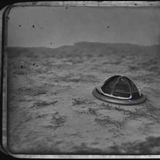 Image similar to tintype, wide view, thundra ufo crash site, team of scientists studying captured alien, photorealistic, highly detailed