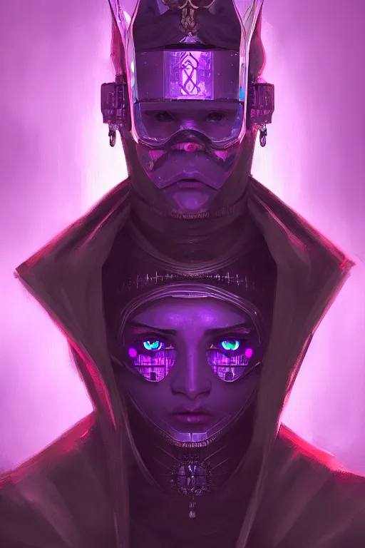 Prompt: a portrait of the cyberpunk medieval - styled king, purple eyes, high - contrast, intricate, elegant, highly detailed, digital painting, artstation, concept art, smooth, sharp focus, illustration