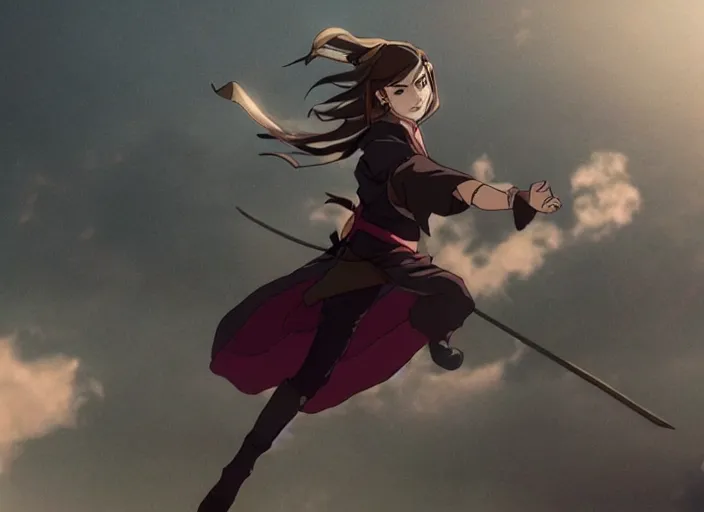 Prompt: emma watson flying screenshot from demon slayer 鬼滅の刃 anime gal gadot