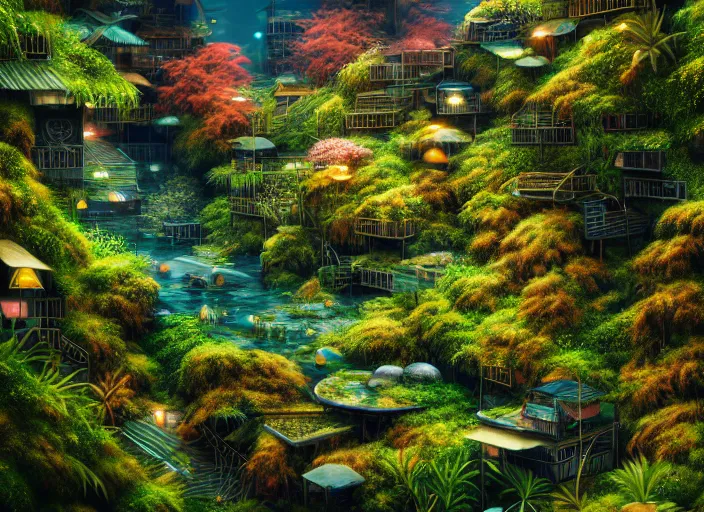 Image similar to lush foliage japanese favela, underwater environment, borealis, scenery, professional, award - winning, trending on artstation, hyper detailed, realistic, beautiful, emotional, shiny, golden, picture