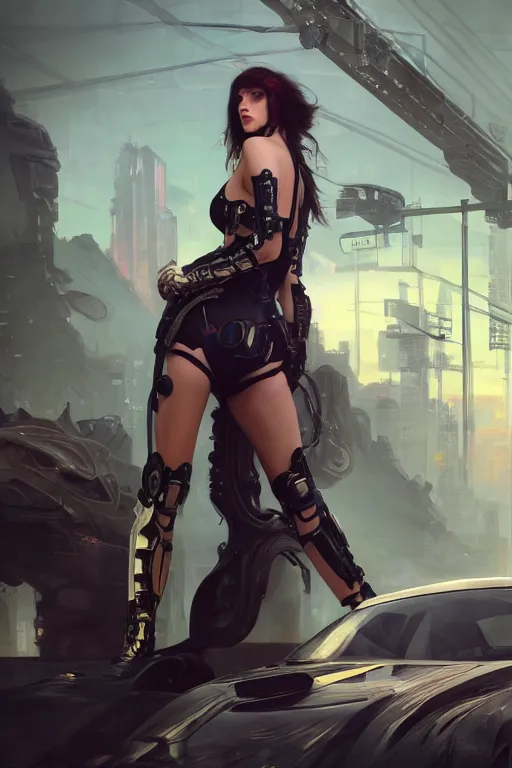 Image similar to a beautiful girl in a cyberpunk costume is standing near ford mustang. masterpiece 4k digital illustration by Ruan Jia and Mandy Jurgens and Artgerm and william-adolphe bouguereau, award winning, Artstation, art nouveau aesthetic, Alphonse Mucha background, intricate details, realistic, panoramic view, Hyperdetailed, 8k resolution, intricate art nouveau