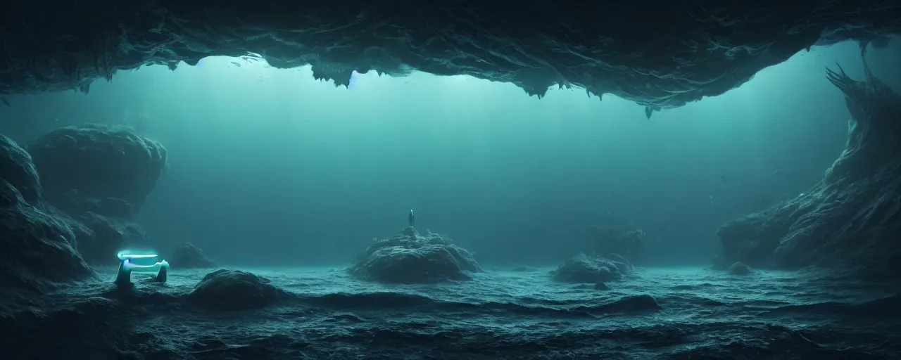 Prompt: ultra realistic horror photo of a dimly lit alien underwater landscape, very intricate details, focus, full frame image, high contrast, cgi render, artwork by tooth wu and wlop and beeple and greg rutkowski, award winning