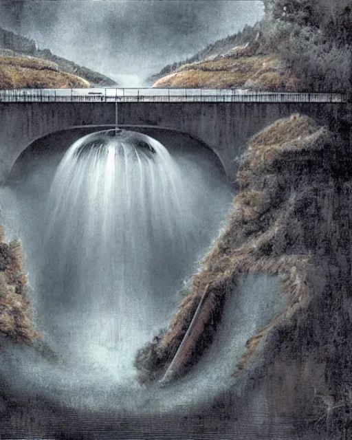 Prompt: illustration of the dam from the 2 0 0 0 s supernatural thriller'the overflow ', a high quality high detail painting by david mattingly and samuel araya and dave mckean and richard corben, hd 4 k 8 k, realistic hyperdetailed scene painting, photorealistic lighting, urban horror aesthetic, composition and scene layout inspired by gregory crewdson and joshua hoffne.