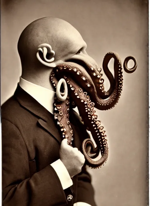 Image similar to anthropomorphic octopus , wearing a suit, tentacles spilling out of the collar, vintage photograph, sepia