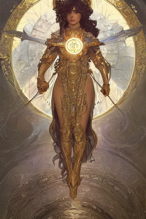 Image similar to Pisces zodiac tarot card, holy light, intricate armor, elegant, highly detailed, digital painting, artstation, concept art, smooth, sharp, focus, illustration, art by artgerm and greg rutkowski and alphonse mucha