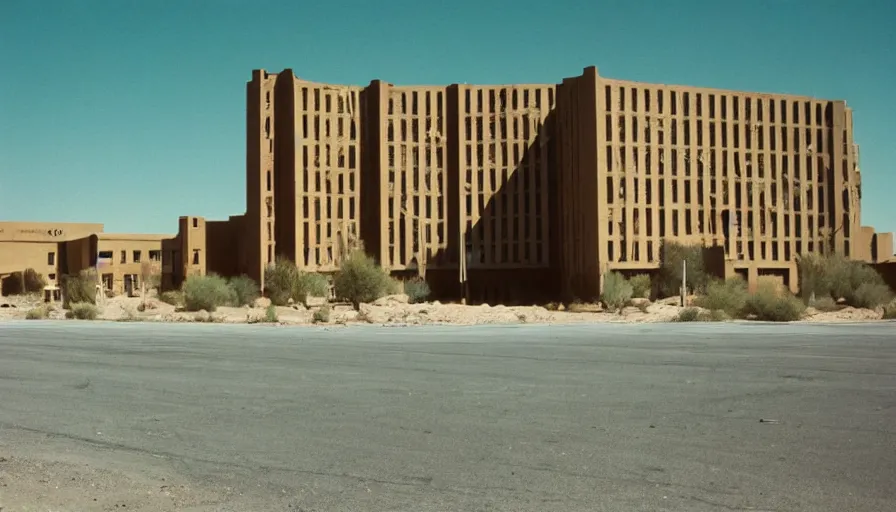 Image similar to 1 9 7 0 s movie still of a empty mammoth stalinist style town with high - rise in the desert, cinestill 8 0 0 t 3 5 mm eastmancolor, heavy grain, high quality, high detailed