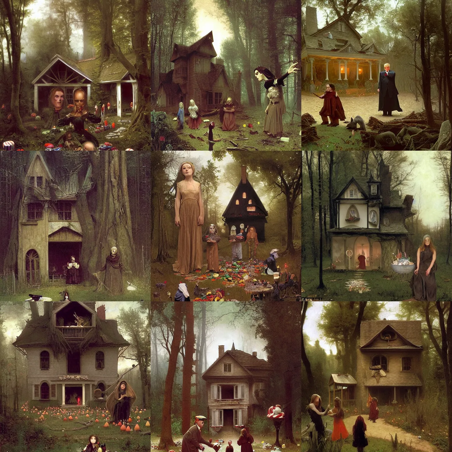 Prompt: an eerie, realistic illustration of a full-sized witch\'s house covered in candy in the middle of dark and twisted woods, being visited by Donald Trump, by Bouguereau, John William Waterhouse and Thomas Kincade