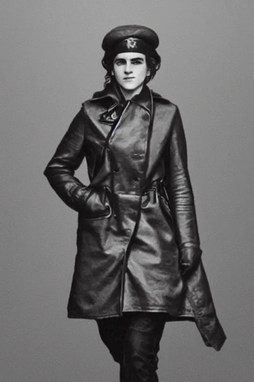 Image similar to photograph of soviet chekist comrade emma watson, standing in a long leather coat, vintage revolution photograph, famous photo from kgb archives