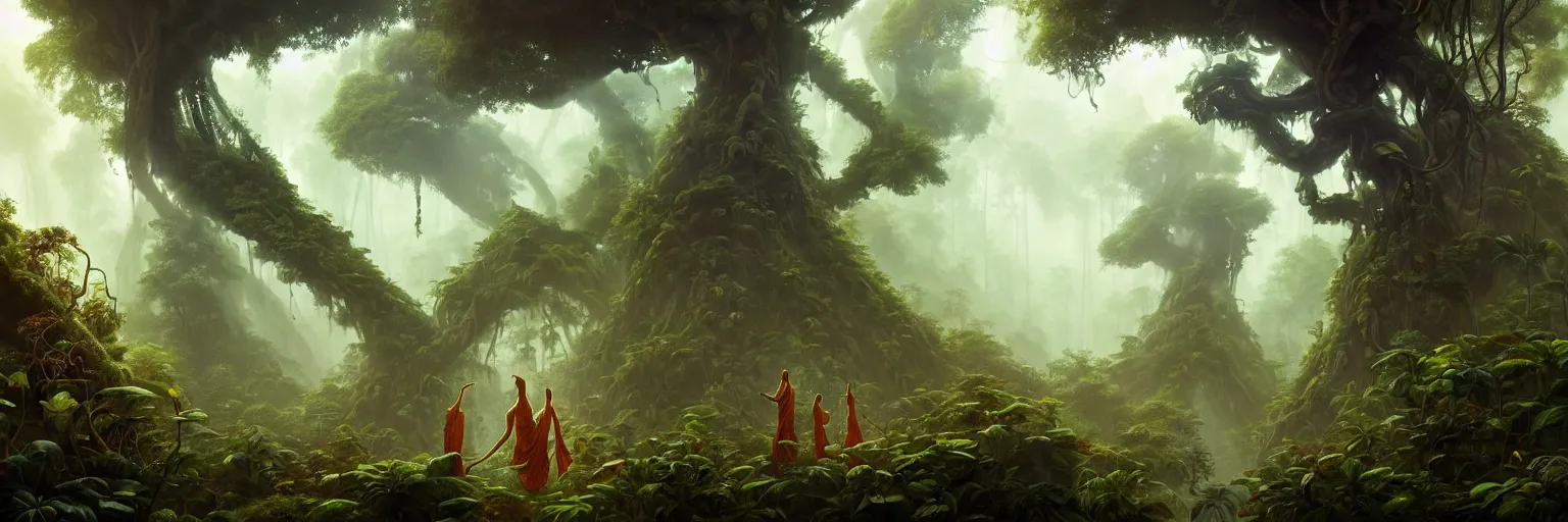 Image similar to Mysterious beautiful Buddhist forest, full of strange creatures and hidden buildings, forgotten ruined temples and ancient stone statues of forbidden sacred gods, jungle vines and fireflies, ayahuasca spirits drifting in the morning light, travellers beneath the giant trees, matte painting by Peter Mohrbacher, featured in artstation, octane render, cinematic, elegant, intricate, 8k