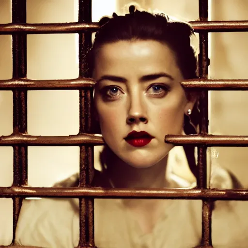 Image similar to amber heard alone inside a prison cell behind bars, ultra realistic, canon 3 5 mm portrait photography, 1 8 0 0 s, 8 k