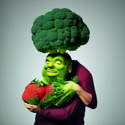 Image similar to A hyper real comic book style portait painting of a friendly broccoli man hugging a strawberry woman, unreal 5, hyperrealistic, octane render, cosplay, RPG portrait, dynamic lighting