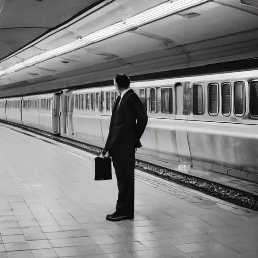 Prompt: a man in a suit waiting at a train station suspended in outer space, award-winning photograph