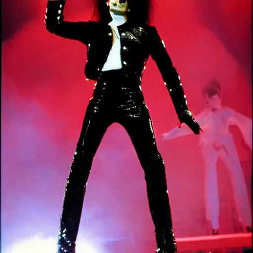 Prompt: thin!!! michael jackson with thin highly detailed anatomically correct face, standing on stage live at the indoor o 2 arena wearing a sparkling white diamond outfit with large thin shoulder pads!!!!! doing a concert, multiple flashing lights and colorful spotlights, beautiful photography, cinematic, award - winning photo, highly detailed, this is it