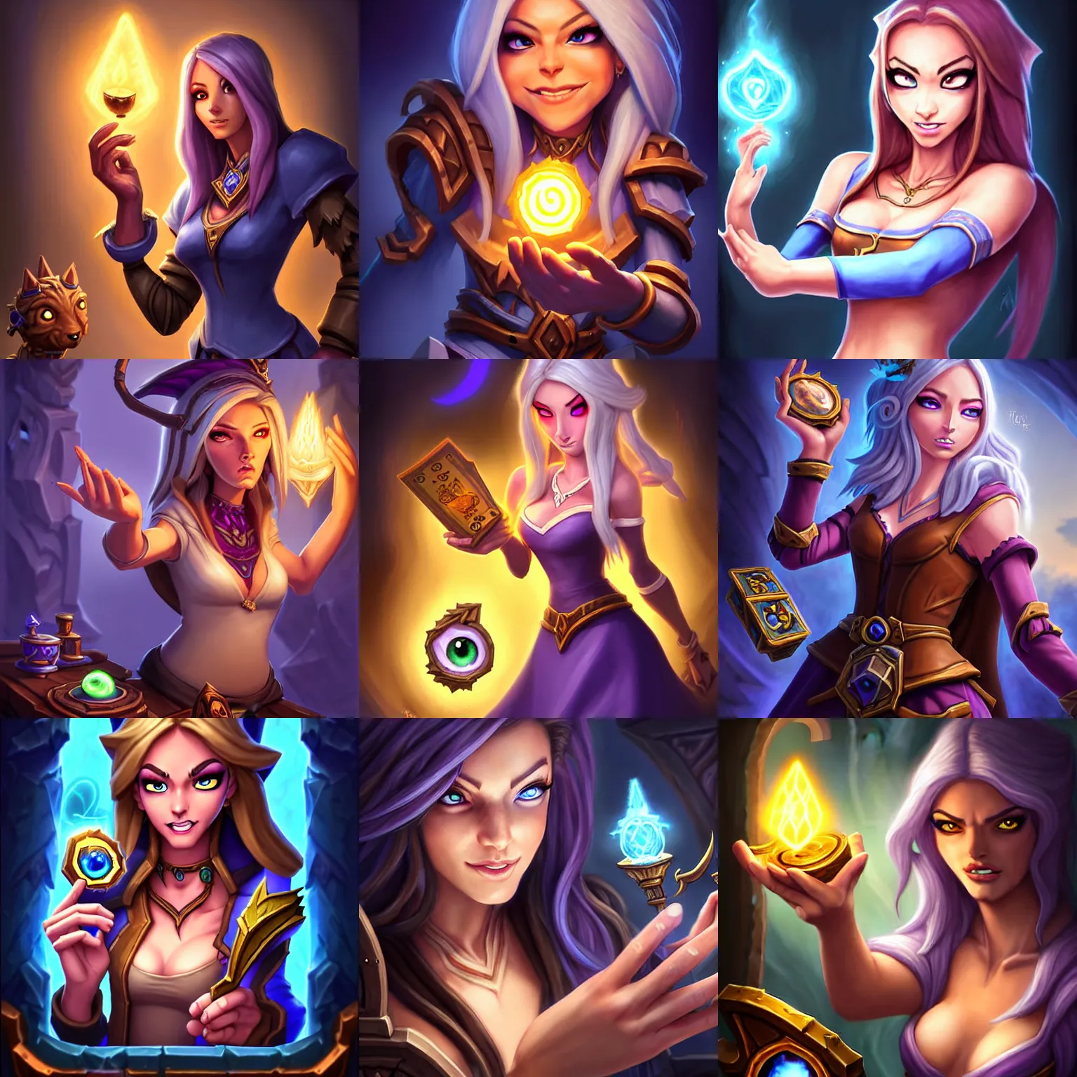 Prompt: Full body Hearthstone official professional art, with realistic beautiful face & eyes. A sorceress finding a treasure. Insanely coherent and well drawned physical body parts (face, legs, hair, eyes, arms, forearms, hands, 5 fingers). Full body, sharp focus, 8k high definition, insanely detailed, intricate, elegant, smooth, sharp focus, ArtStation