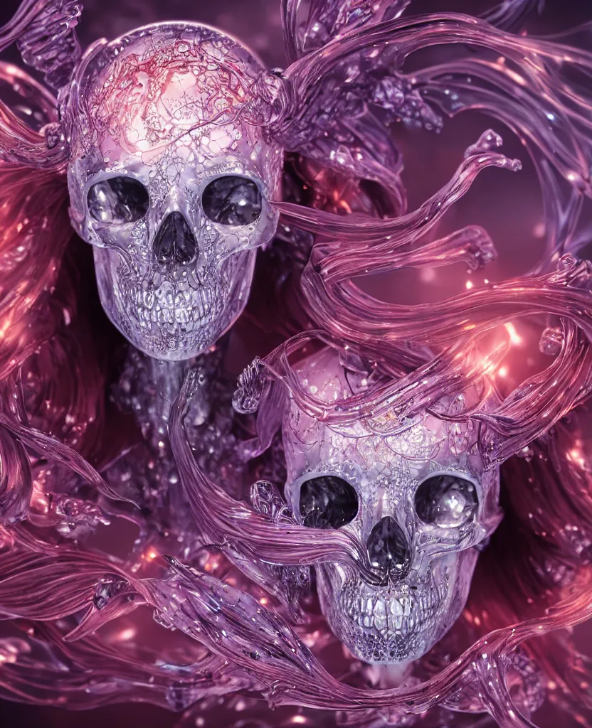 Prompt: close-up macro portrait of the face of a beautiful princess in a skull chrome mask, epic angle and pose, symmetrical artwork, 3d with depth of field, blurred background, cybernetic jellyfish female face skull phoenix bird, translucent, nautilus, energy flows of water and fire. a highly detailed epic cinematic concept art CG render. made in Maya, Blender and Photoshop, octane render, excellent composition, cinematic dystopian brutalist atmosphere, dynamic dramatic cinematic lighting, aesthetic, very inspirational, arthouse. y Greg Rutkowski, Ilya Kuvshinov, WLOP, Stanley Artgerm Lau, Ruan Jia and Fenghua Zhong