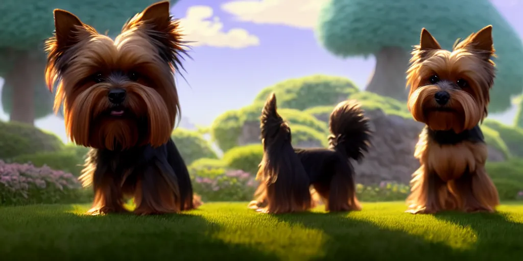 Image similar to a wholesome animation key shot of a brown and ashy 1 3 - year - old yorkshire terrier, studio ghibli, pixar and disney animation, sharp, rendered in unreal engine 5, anime key art by greg rutkowski, bloom, dramatic lighting