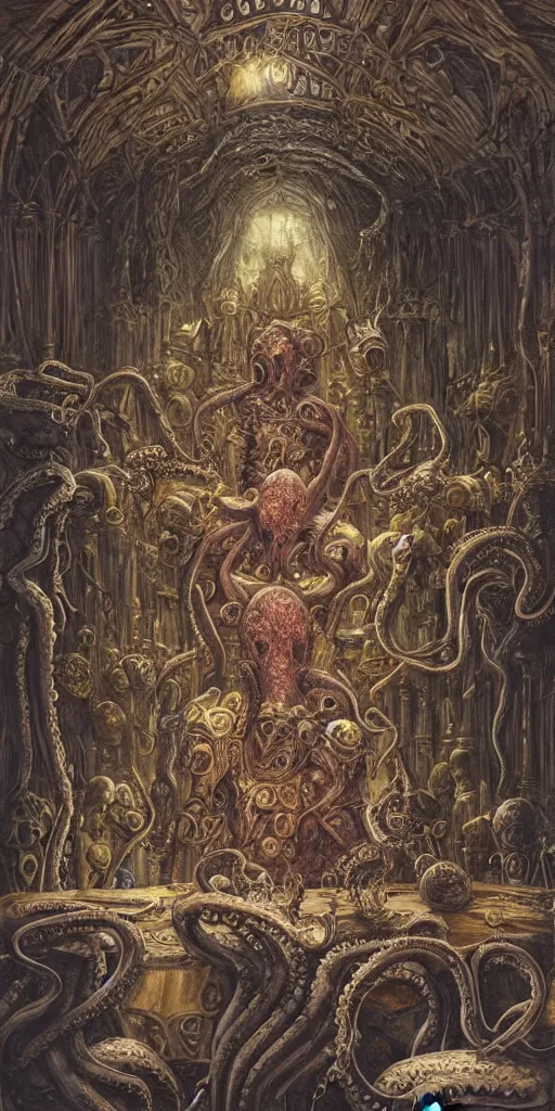 Image similar to mages with human bodies and magical armour with octopus heads sitting near the table in an ancient mage castle with enormous scale, gothic and baroque, brutalist architecture, ultradetailed, Intricate by John Howe and Josan Gonzalez and Giuseppe Arcimboldo