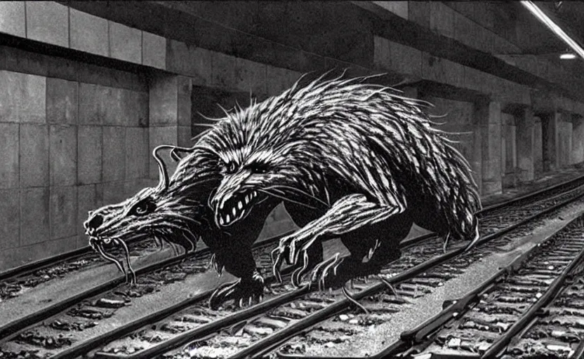 Image similar to very large giant mutant zombie irradiated ( angry rat ) staying on railways in tonnel of moscow subway. tonnel, railways, giant angry rat, furr, fangs, claws, very realistic. extreme long shot, wide angle, herman nitsch and herman nitsch, giger.