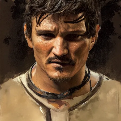 Image similar to portrait of an emotional pedro pascal as the mandalorian, by jeremy mann, anders zorn.