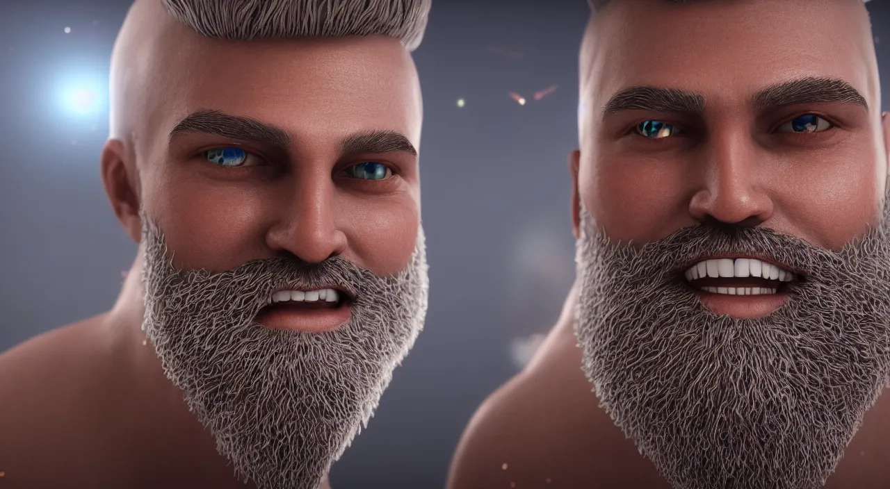 Image similar to Close up smiling handsome man with glowing galaxy eyeballs and majestic beard, professional studio photography, depth of field, intricate details, photorealistic, high quality. Rendered with autodesk arnold unreal engine octane render Lumion Blender Maxwell.