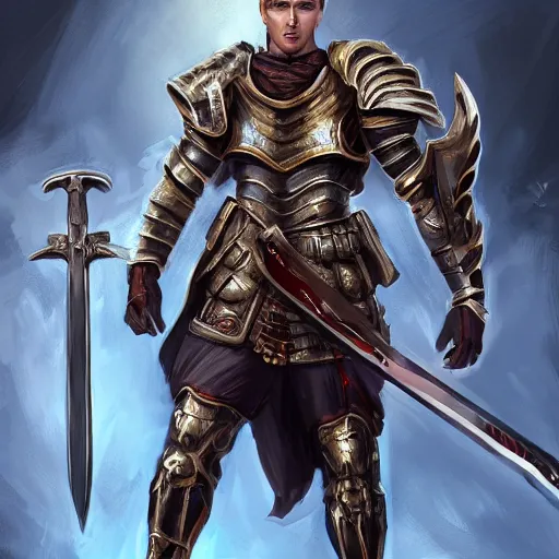 Image similar to Full body portrait of a godly super-soldier wearing roman style scientific body armor and wielding a god-slaying sword, D&D, fantasy, elegant, hopeful, muscular, gothic, futuristic, intelligent, highly detailed, digital painting, artstation, concept art, artisan, smooth, sharp focus, illustration