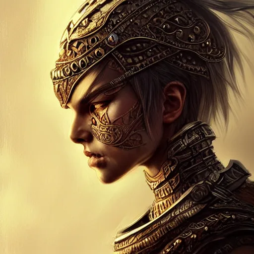 Image similar to beautiful extremely detailed intricate concept art depicting a warrior by wlop. shining jewelry.