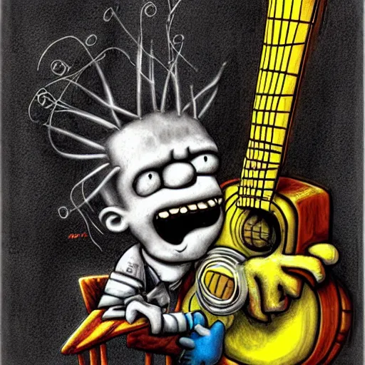 Prompt: surrealism grunge cartoon portrait sketch of bart simpson with a wide smile and a guitar by - michael karcz, loony toons style, the conjuring style, detailed, intricate