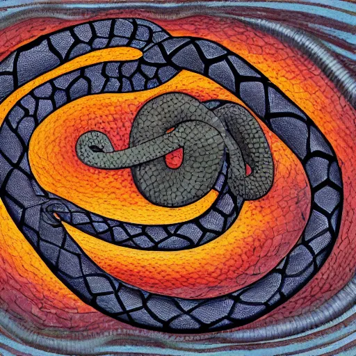 Prompt: ouroboros snake biting its own tail in a circle, making a ring, dark shades, highly detailed scales and head, painting in the style of Mark Grotjahn,