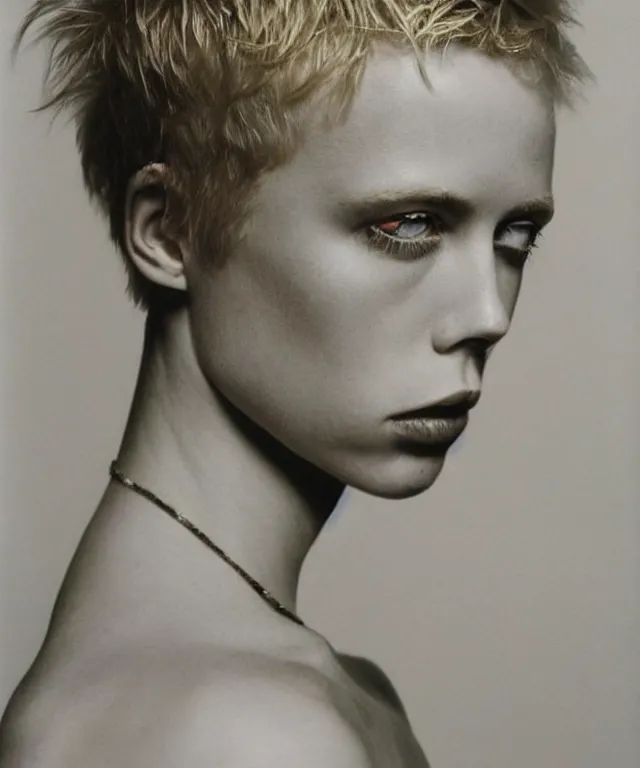 Image similar to a color photograph of edie campbell, bleached blonde short hair, by robert mapplethorpe, intense, bold, hyperrealistic, ultra sharp, extra details, ultra high quality, trending on pinteresst