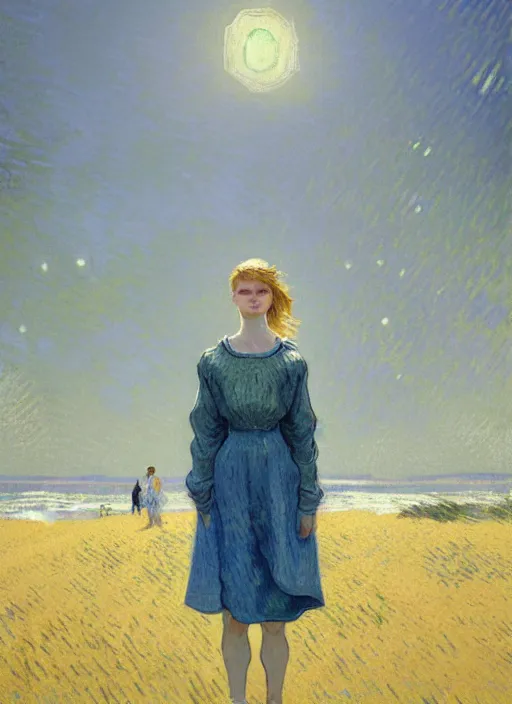 Prompt: portrait of a beautiful girl, sea dunes backdrop, sad, pastel shades of light blue and light yellow, beautiful face, rule of thirds, intricate outfit, spotlight, by greg rutkowski, by van gogh, by rineke dijkstra, digital painting