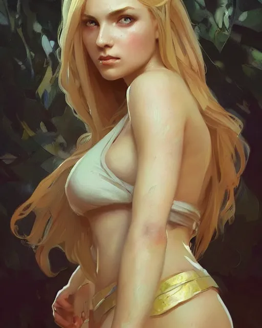 Image similar to '' Portrait of Beautiful blonde Slavic woman, league of legends, LOL, fantasy, d&d, digital painting, artstation, concept art, sharp focus, illustration, art by greg rutkowski and alphonse mucha ''