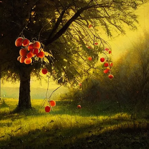 Image similar to a beautiful painting by banska stiavnica of translucent peach, backlit leaves by greg rutkowski and james gurney, beautiful fruit tree, wood